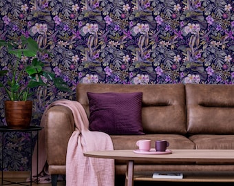 Purple Floral Peel and Stick Wallpaper | Modern Dark Floral Wallpaper for Bathroom | Traditional Wallpaper | Purple-Pink Wallpaper | TP03