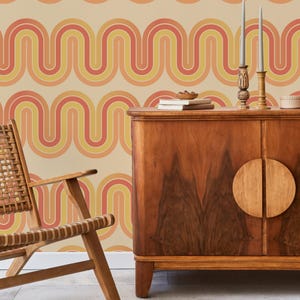 Geometric Wallpaper Peel and Stick | Fun Orange Wallpaper for Living Room | Retro Ornamental 70&#39;s Traditional Non-Woven Wallpaper | ABS01