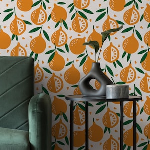 Fruits & Vegetables Wallpaper Peel and Stick | Cute Orange Wallpaper for Kitchen | Modern Oranges Traditional Non-Woven Wallpaper | FNV05