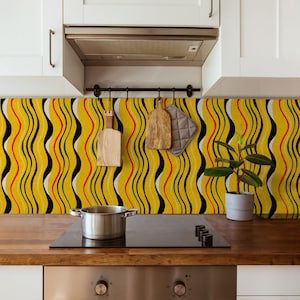 Geometric Wallpaper Peel and Stick | Fun Yellow Wallpaper for Living Room | Retro Curved Lines 70&#39;s Traditional Non-Woven Wallpaper | RP12