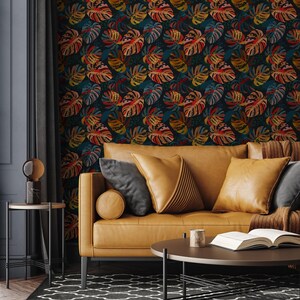 Botanical & Floral Wallpaper Peel and Stick | Fun Colorful Wallpaper for Bedroom | Modern Monstera Plant Non-Woven Wallpaper | JL18