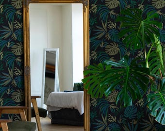 Carta da parati botanica e floreale staccabile e attaccabile / Carta da parati verde giocosa per camera da letto / Carta da parati moderna in tessuto non tessuto con foglie tropicali / JL19