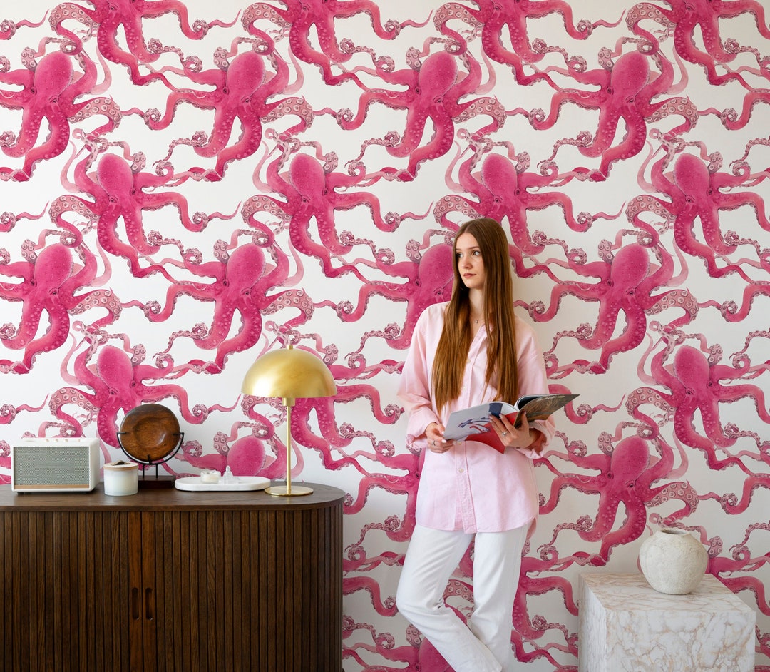 Pink Octopus Wallpaper Peel&stick and Traditional Wallpaper - Etsy