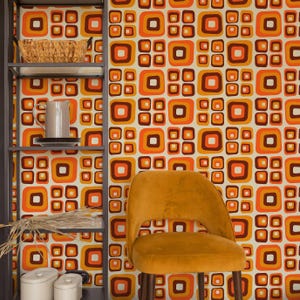 Geometric Wallpaper Peel and Stick | Fun Orange Wallpaper for Living Room | Retro Ornamental 70&#39;s Traditional Non-Woven Wallpaper | RP06