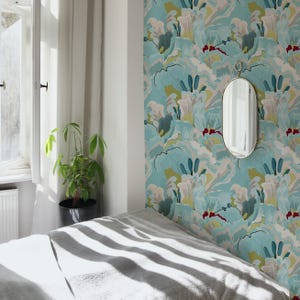 Floral Wallpaper Peel and Stick | Fun Blue Wallpaper for Living Room | Abstract Modern Traditional Non-Woven Wallpaper | AB41