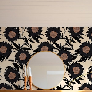 Papel de Parede Botânico e Floral Removível | Papel de Parede Bege Divertido para Sala de Estar | Papel de Parede Tradicional Não Tecido com Girassóis Modernos | DF07