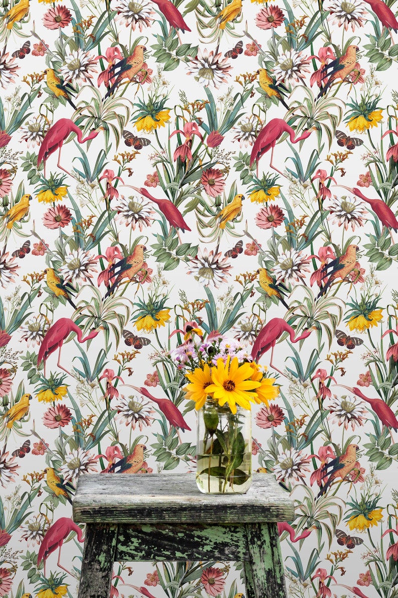 Tropical Birds Wallpaper Vinyl, Peel&stick, Traditional, Removable and Renter Friendly Wall