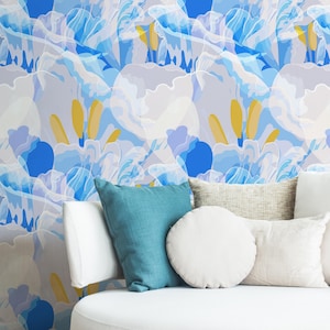 Botanical & Floral Wallpaper Peel and Stick | Fun Blue Wallpaper for Living Room | Abstract Modern Traditional Non-Woven Wallpaper | AB26