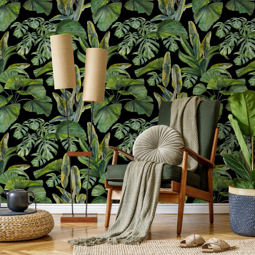 Tropical Leaves Peel and Stick Wallpaper (green Black, Removable) - Etsy