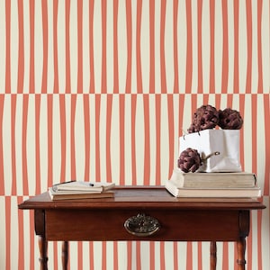 Geometric Wallpaper Peel and Stick | Fun Orange Wallpaper for Living Room | Retro Lines 70&#39;s Traditional Non-Woven Wallpaper | RP08