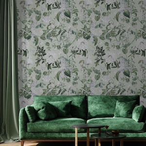 Botanical & Floral Wallpaper Peel and Stick | Romantic Green Wallpaper for Living Room | Classic Flowers Non-Woven Wallpaper | FLR09
