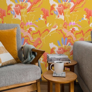 Botanical & Floral Wallpaper Peel and Stick | Fun Yellow Wallpaper for Bedroom | Abstract Abstract Florals Non-Woven Wallpaper | AB24