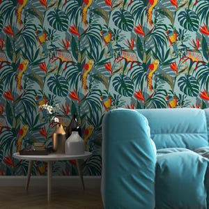 Botanical & Floral Wallpaper Peel and Stick | Playful Blue Wallpaper for Bedroom | Modern Tropical Parrots Non-Woven Wallpaper | BR04
