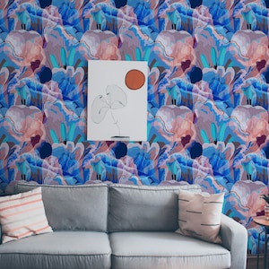 Botanical & Floral Wallpaper Peel and Stick | Fun Blue Wallpaper for Living Room | Abstract Modern Traditional Non-Woven Wallpaper | AB29
