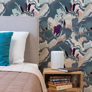 Dark Floral Wallpaper Peel and Stick | Fun Blue Wallpaper for Living Room | Abstract Modern Traditional Non-Woven Wallpaper | AB34