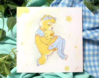 Melancholic pup hugging a plushie / kidcore / print