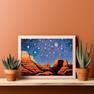 Sedona Arizona Art Mixed Media Painting, Watercolor Digital Print of Red Rocks National Park, Southwest Printable Poster Cathedral Rock