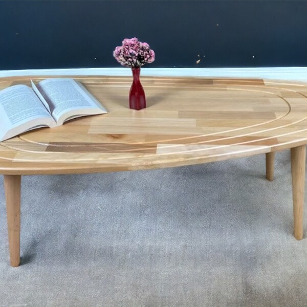 Table basse ovale en bois rustique - Style vintage du milieu du siècle, grande table centrale faite main