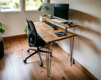 Desk with Monitor Stand - Handmade from Sustainably Sourced Wood for Home or Office, Includes Cable Management and Keyboard Tray Add-ons