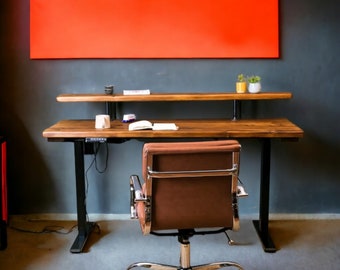 Industrial Style Height Adjustable Desk - Electric Steel Base, Rustic Reclaimed Wood, 4 Presets, Ideal for Home or Office Use