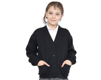 Girls School Uniform Black Fleece Sweat Cardigan With Front Buttons and Pockets