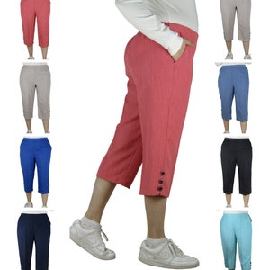 Ladies Capri Pocket Trousers  Cropped 3/4 Women Elastic Back Girls Summer Pants