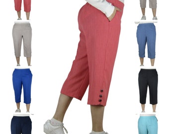 Ladies Capri Pocket Trousers  Cropped 3/4 Women Elastic Back Girls Summer Pants