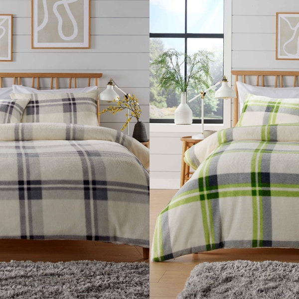 Tartan Check Plush & Cozy Teddy Duvet Cover Set with Pillow Cases Bedding