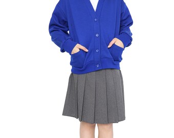 Girls School Uniform Royal Blue Fleece Sweat Cardigan With Front Buttons and Pockets