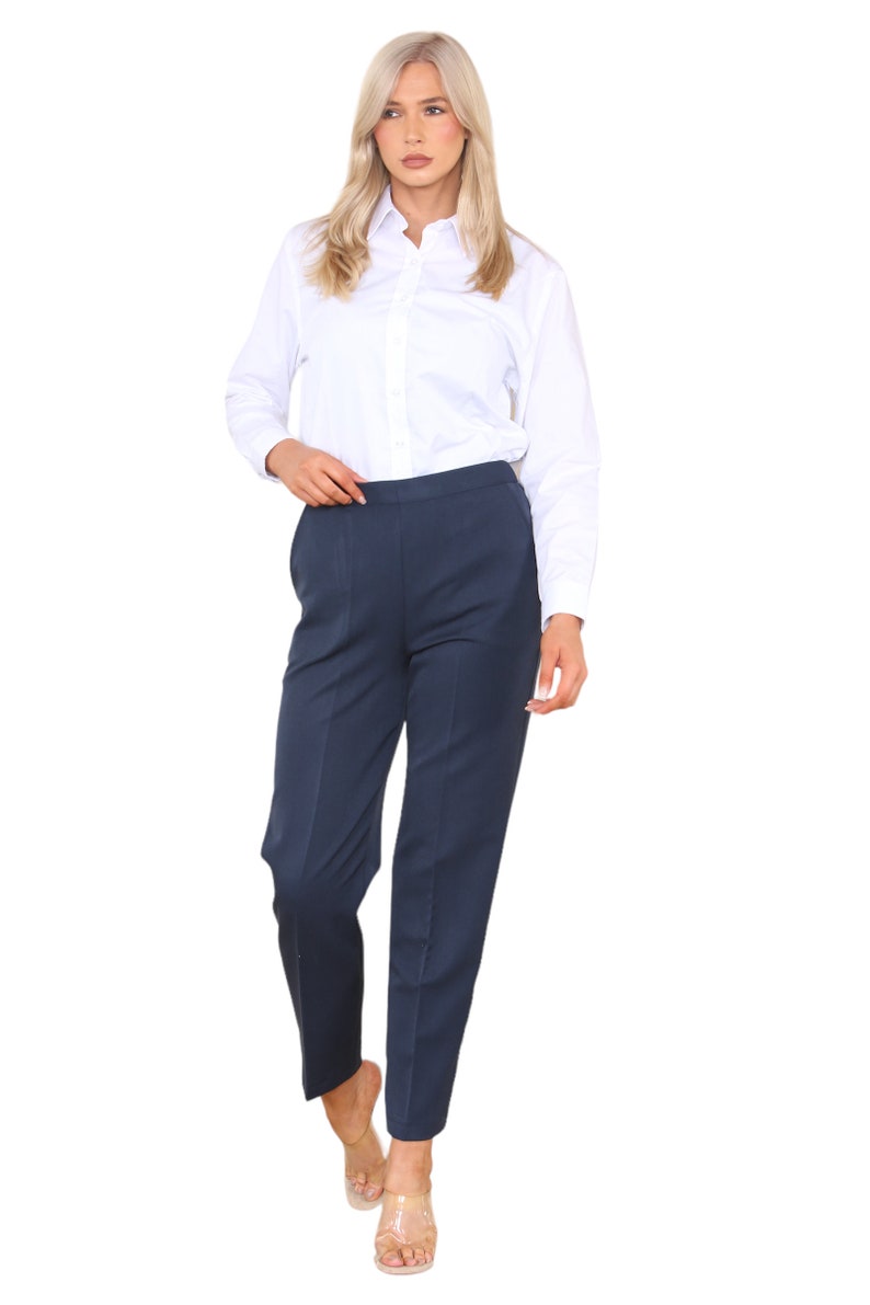 Ladies Trouser Half Elasticated Bi Stretch Waist Inside Leg 27 Inches Regular Work Office Everyday Wear Pants Navy