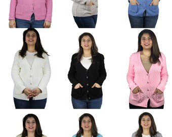 Womens Full Cable Knit Cardigan Button Long Sleeve Jumper Sweater