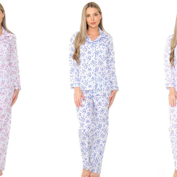 Marlon Button Pyjamas Long Sleeve Woven Polycotton Ladies Nightdress