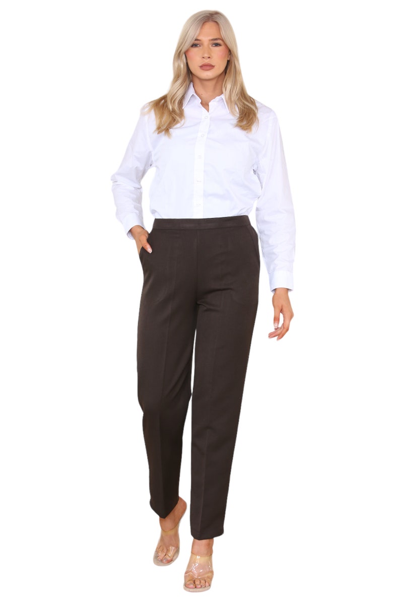 Ladies Trouser Half Elasticated Bi Stretch Waist Inside Leg 27 Inches Regular Work Office Everyday Wear Pants Brown