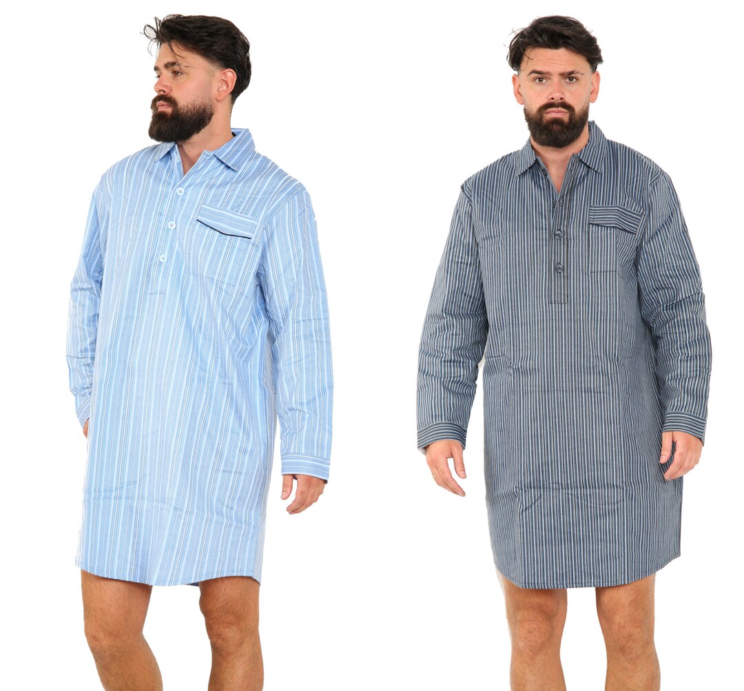 Men's Brushed Cotton Long Sleeve Sleep Shirt - Button-Down Nightshirt Pajama Top