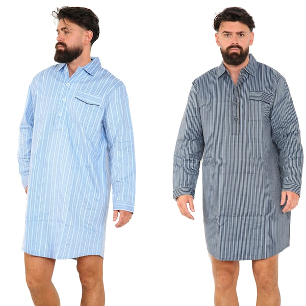 Mens Brushed Cotton Long Sleeve Sleep Shirt Nightshirt Nightgown Pajamas Pullover Top