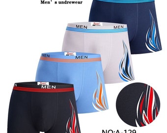 Mens 4 Pack Cotton Boxer Shorts Stripes & Flames Pattern Boxers Underwear Trunks…