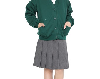 Girls School Uniform Green Fleece Sweat Cardigan With Front Buttons and Pockets