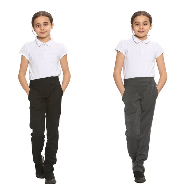 Girls Trouser 2 Button Front Belt Half Elastic Waist Slim Leg School Uniform