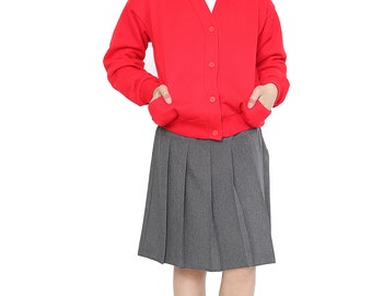 Girls School Uniform Red Fleece Sweat Cardigan With Front Buttons and Pockets