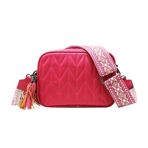 Bolso para cámara con dos bolsillos para mujer, bolso cruzado con hombro tipo Chevron, CXJ2302 Fuchsia