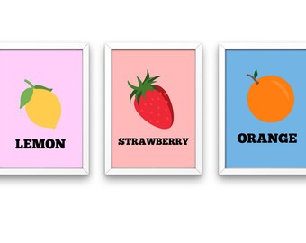 Set of 3 colourful fruit print set, Printable Poster, Wall Set, DIGITAL DOWNLOAD, Retro Posters, Printable Art, Wall Decor