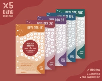 Conjunto de 5 desafíos presupuestarios en euros en francés con rastreador, PDF para imprimir para sobres presupuestarios, planificador, carpeta A6, gestión de seguimiento de ahorros