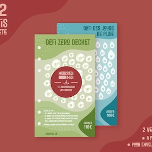 Peut inclure: Deux cartes de défi imprimables vertes et bleues avec un cercle rouge au centre qui dit "Mercredi Midi" et une flèche de téléchargement. Le texte sur la carte verte dit "Defi Zero Dechet" et le texte sur la carte bleue dit "Defi des Jours de Pluie". Le texte en bas des cartes dit "Jusqu'a 110€" et "Jusqu'a 100€". Le texte en bas de l'image dit "2 Versions, a Perforer, Pour Enveloppe Zip".