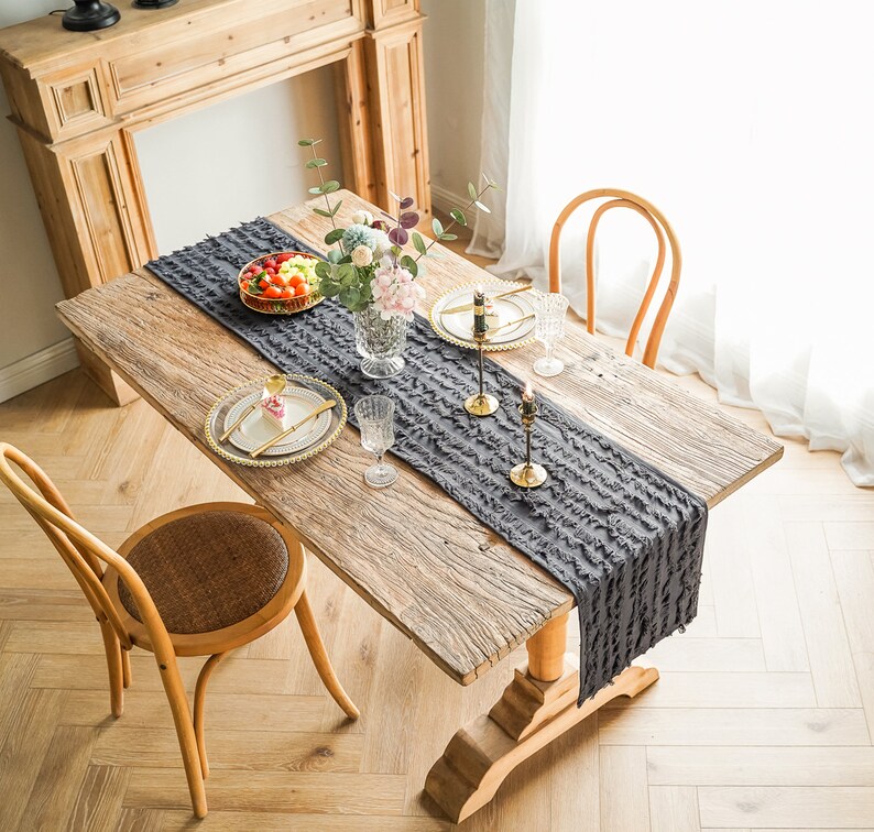 Black Boho Table Runner, Rustic Table Runner, Linen Farmhouse Table