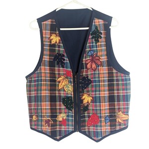 Vintage Plaid Fall Zip Up Front Vest Patchwork Art To Wear Women's Size Large