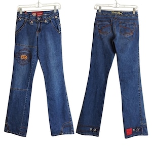 Calça jeans vintage ECKORED com patchwork bordado de rinoceronte, tamanho 5 juvenil.