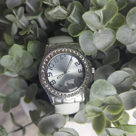 White Cuff Watch Rhinestone Bezel Statement Watch… - image 8