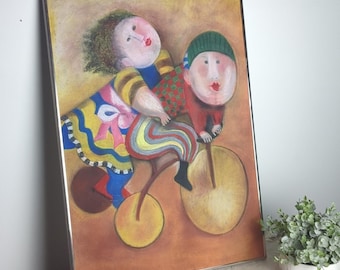 Grande dipinto di arte popolare con texture, coppia su triciclo, arte stravagante con texture