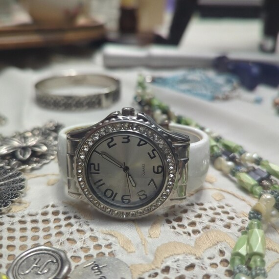 White Cuff Watch Rhinestone Bezel Statement Watch… - image 2