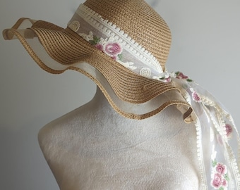 Cottagecore Romanic Garden Embroidered Floral Bow Straw Brunch Sunday Hat